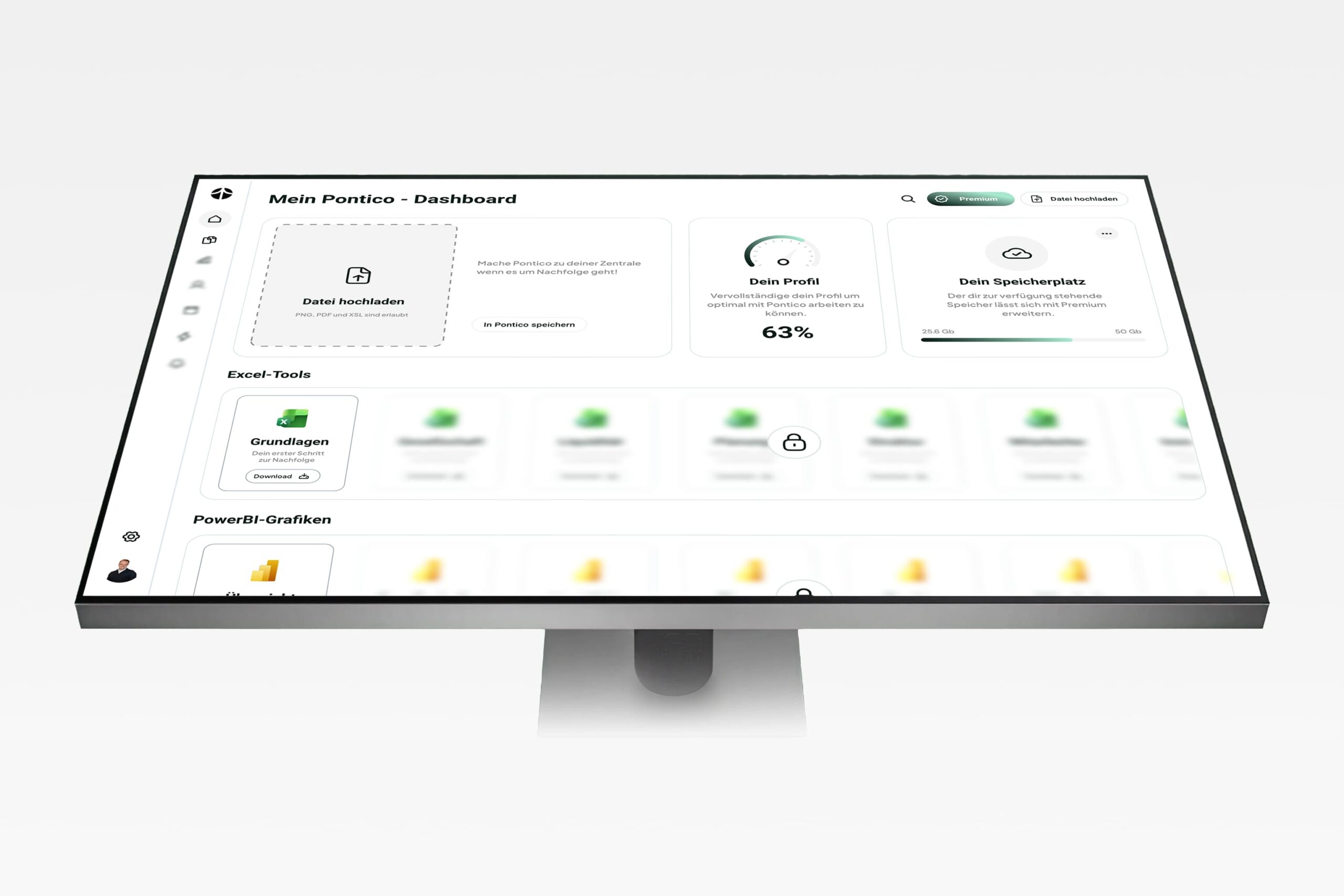 Pontico Dashboard mit Datei-Upload, Profilfortschritt und digitalen Tools zur Unternehmensnachfolge