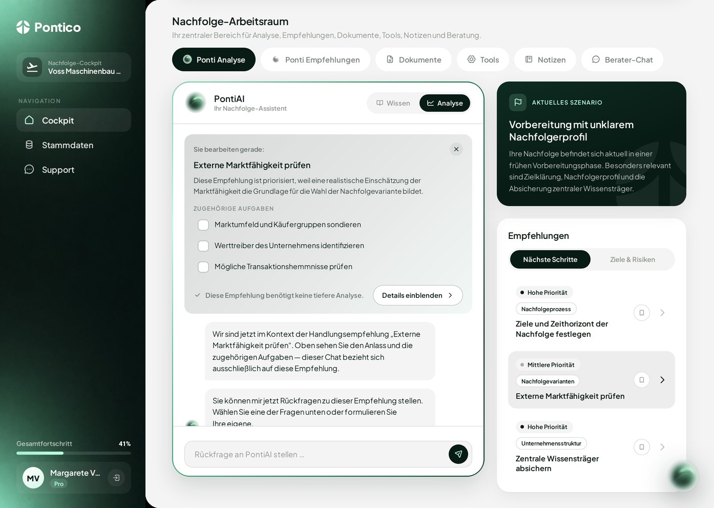 Pontico Cockpit – Arbeitsbereich mit Kennzahlen und Auswertungen