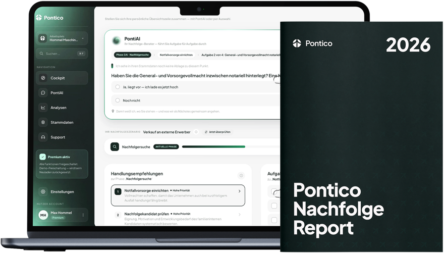 Pontico Cockpit auf einem MacBook neben dem Pontico Nachfolge Report 2026